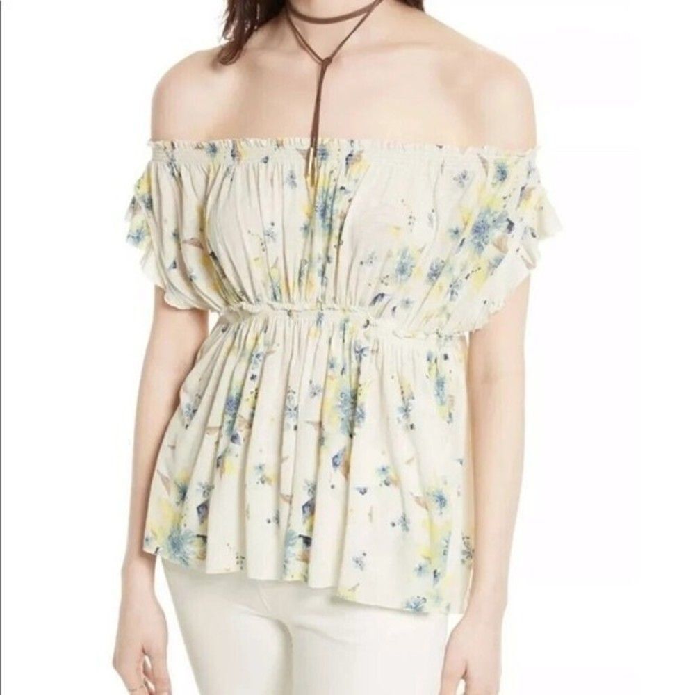 We the Free People Sam Off The Shoulder White Floral Travel Summer Boho Top Sz M